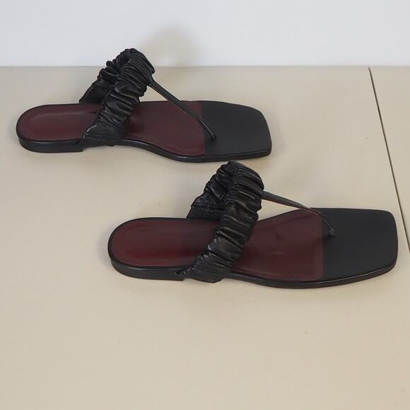 Staud Ava Leather Sandals Black Women's Size 39 UK 9 US T-Strap Ruched - Picture 3 of 10
